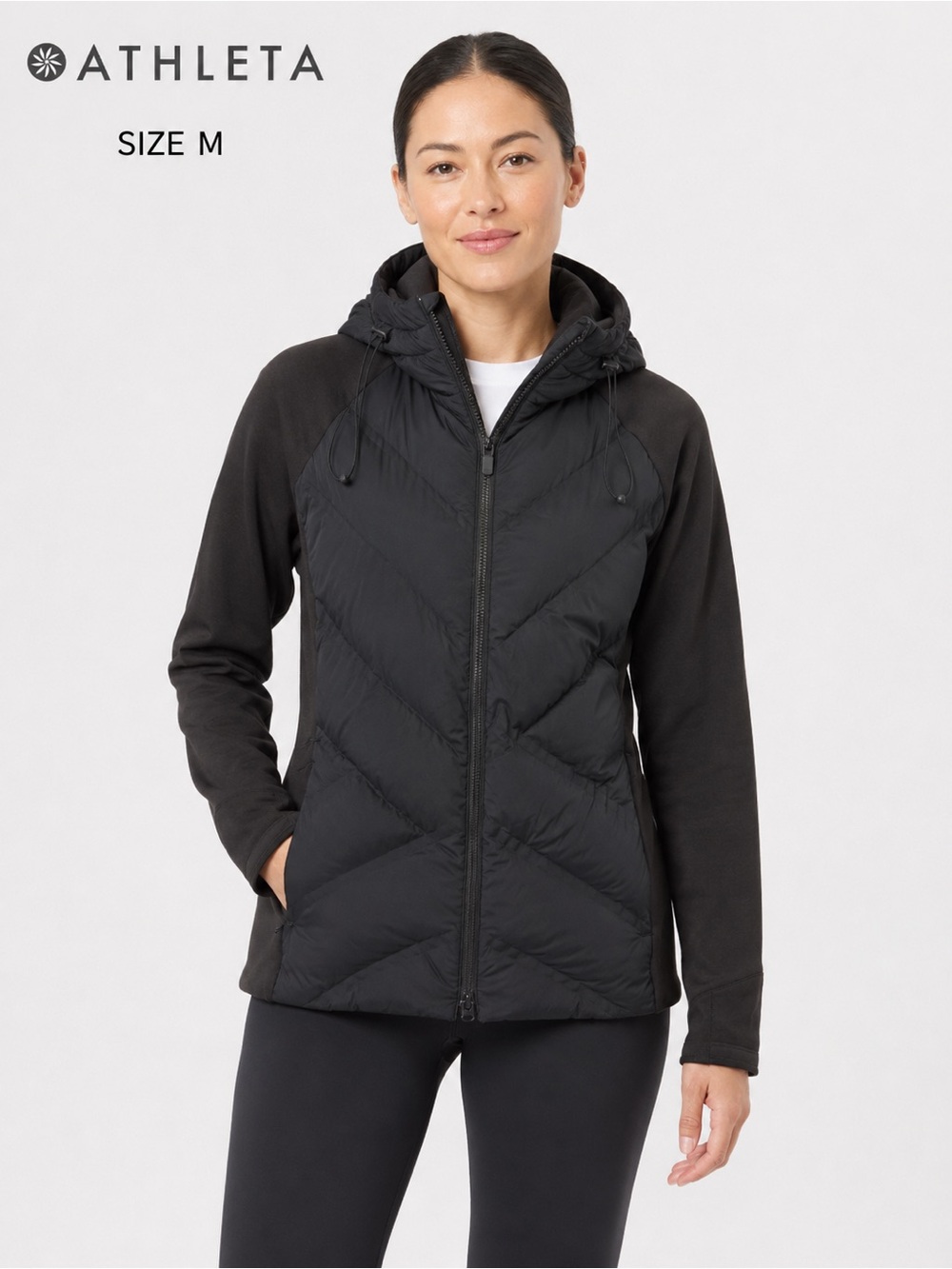 Athleta Black Hooded Puffer Jacket Size M Zip Front Activewear